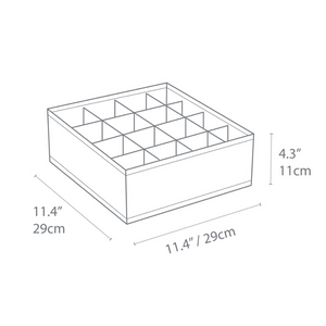 Schets van de Bigso SOFT Organizer Beige – 16 vakken, een vierkante box met 16 vakken, 29 cm per zijde en 11 cm hoog – ideaal voor veelzijdige opbergruimte.