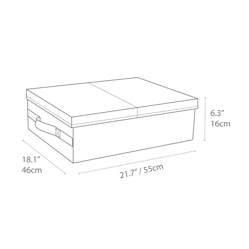 Schets van de Bigso SOFT opbergbox in beige met handvat, ideaal om onder je bed te zetten; afmetingen: 55 cm L x 46 cm B x 16 cm H.