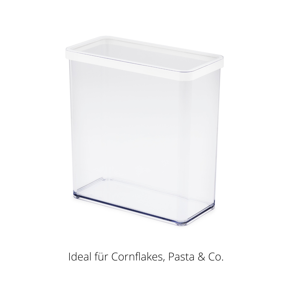 Plastic bakje met wit deksel, rechtopstaand. Tekst: „Ideaal voor cornflakes, pasta & co.“