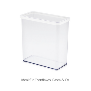 Plastic bakje met wit deksel, rechtopstaand. Tekst: „Ideaal voor cornflakes, pasta & co.“